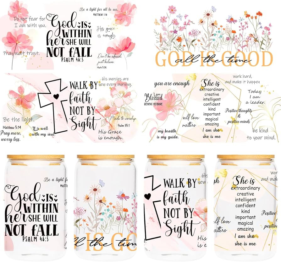 UV DTF Cup Wraps Sticker - 4 Sheets Bible Flower UV DTF Transfers for 16 OZ Glass, Floral, Inspir... | Amazon (US)