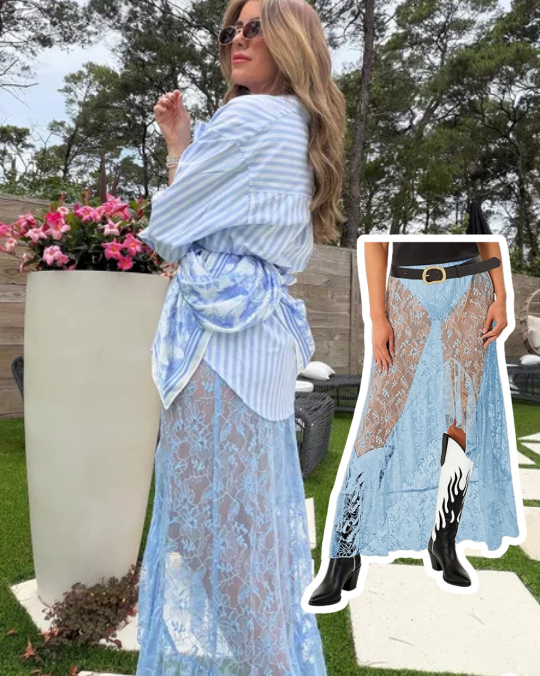 Loving this blue striped top paired with a lace maxi skirt. Perfect for a casual day out or a festival look. striped top, lace skirt, summer outfit, casual look, festival outfit, beach cover-up, chic style 

 #LTKootd #LTKOver40