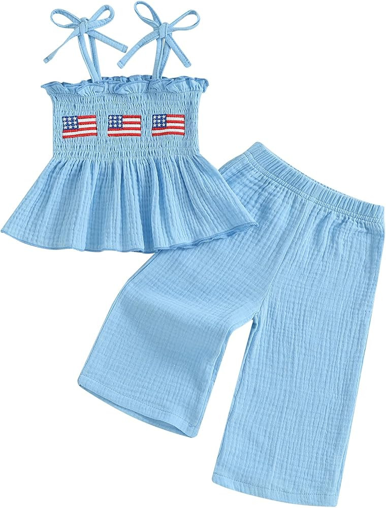 Kayotuas 4th of July Toddler Girl Outfit USA Smocked Spaghetti Strap Tank Top Dress Wide Leg Pant... | Amazon (US)