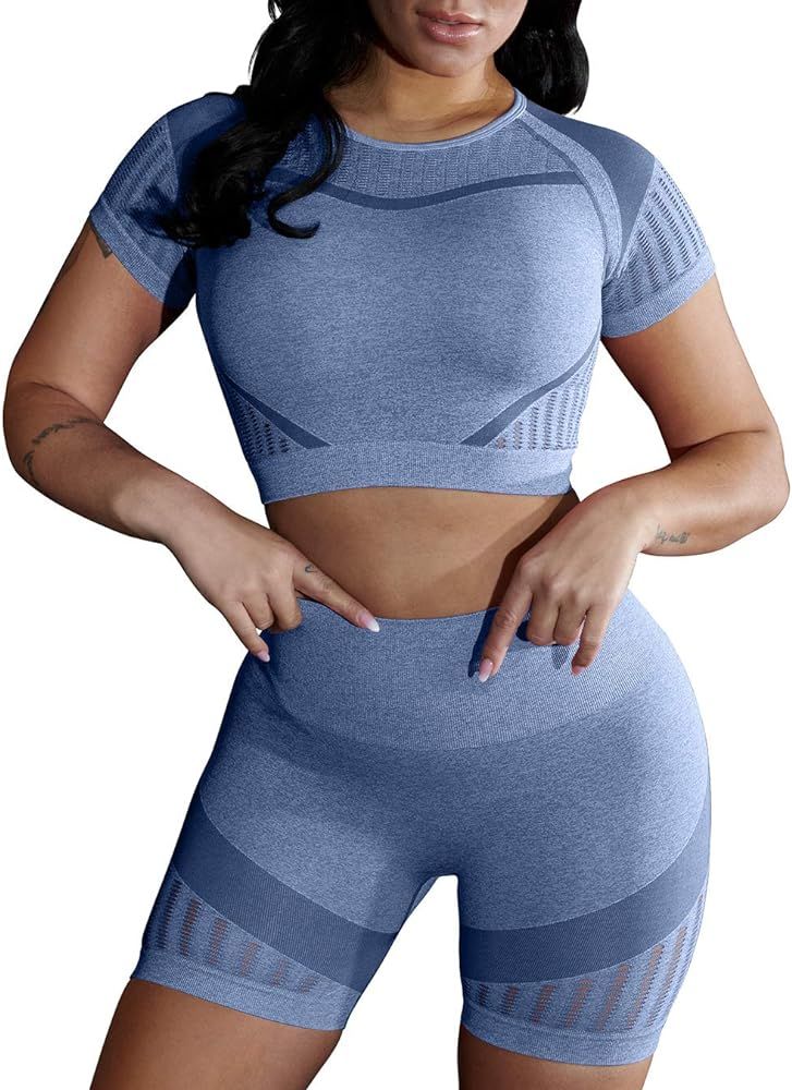 Women's Workout Set 2 piece Seamless High Waisted Active Shorts Running Yoga Gym Outfits Clothes | Amazon (US)