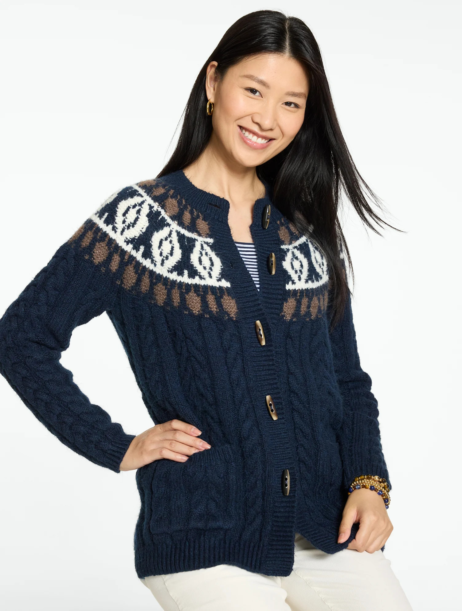 Plus Size - Cable Knit Cardigan Sweater - Fair Isle - Blue - 2X Talbots | Talbots