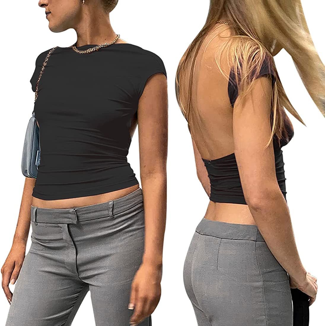 ForeFair Women Sexy Backless Short Sleeve Slim Fit Crewneck Summer Casual Y2K Crop Tee | Amazon (CA)