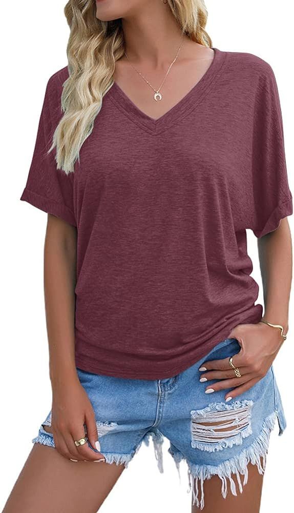 Lacozy Women's V Neck Short Sleeve Tops Casual Loose Batwing Tunic Blouse Shirts | Amazon (US)