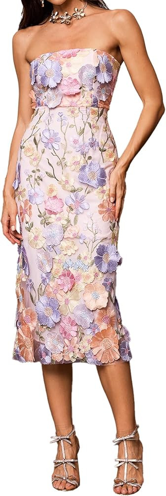 3D Flower Strapless Embroidered Floral Dress Sexy Mesh Dress Midi Bodycon Dress Chic Garden Party... | Amazon (US)