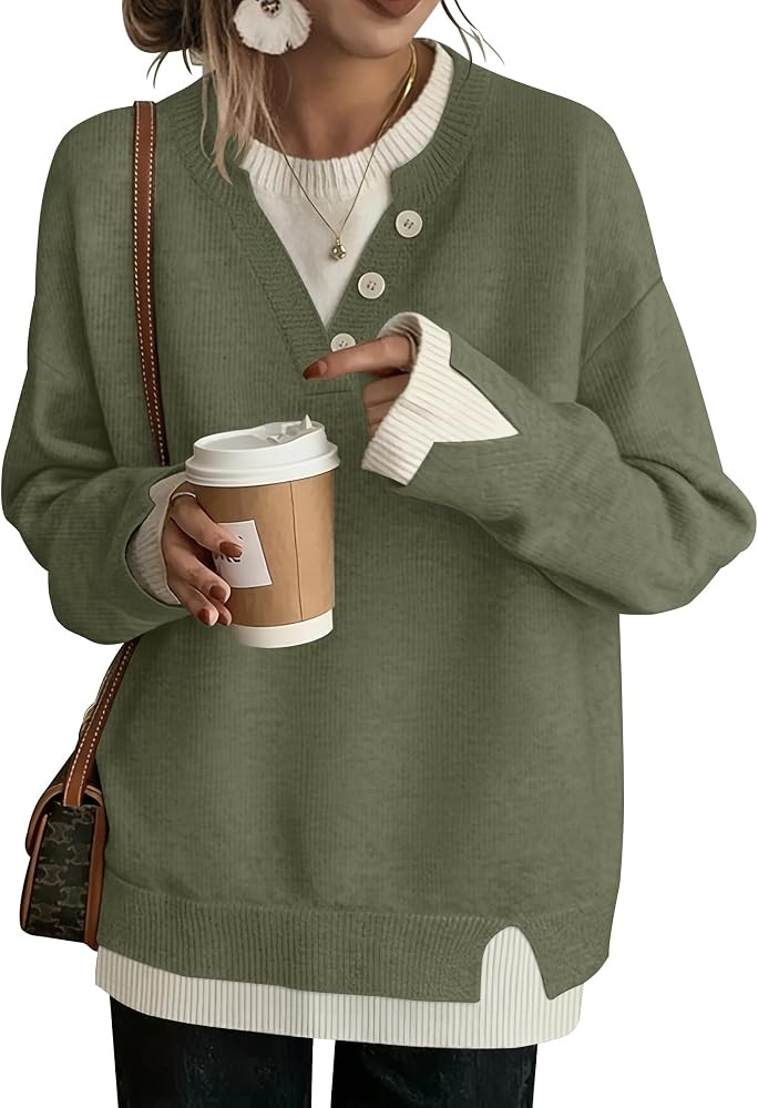 SAUKOLE Women's 2026 Fall Oversized Knit Pullover Sweater Outfit Tops     2 in 1 Fake Layer Crew ... | Amazon (US)