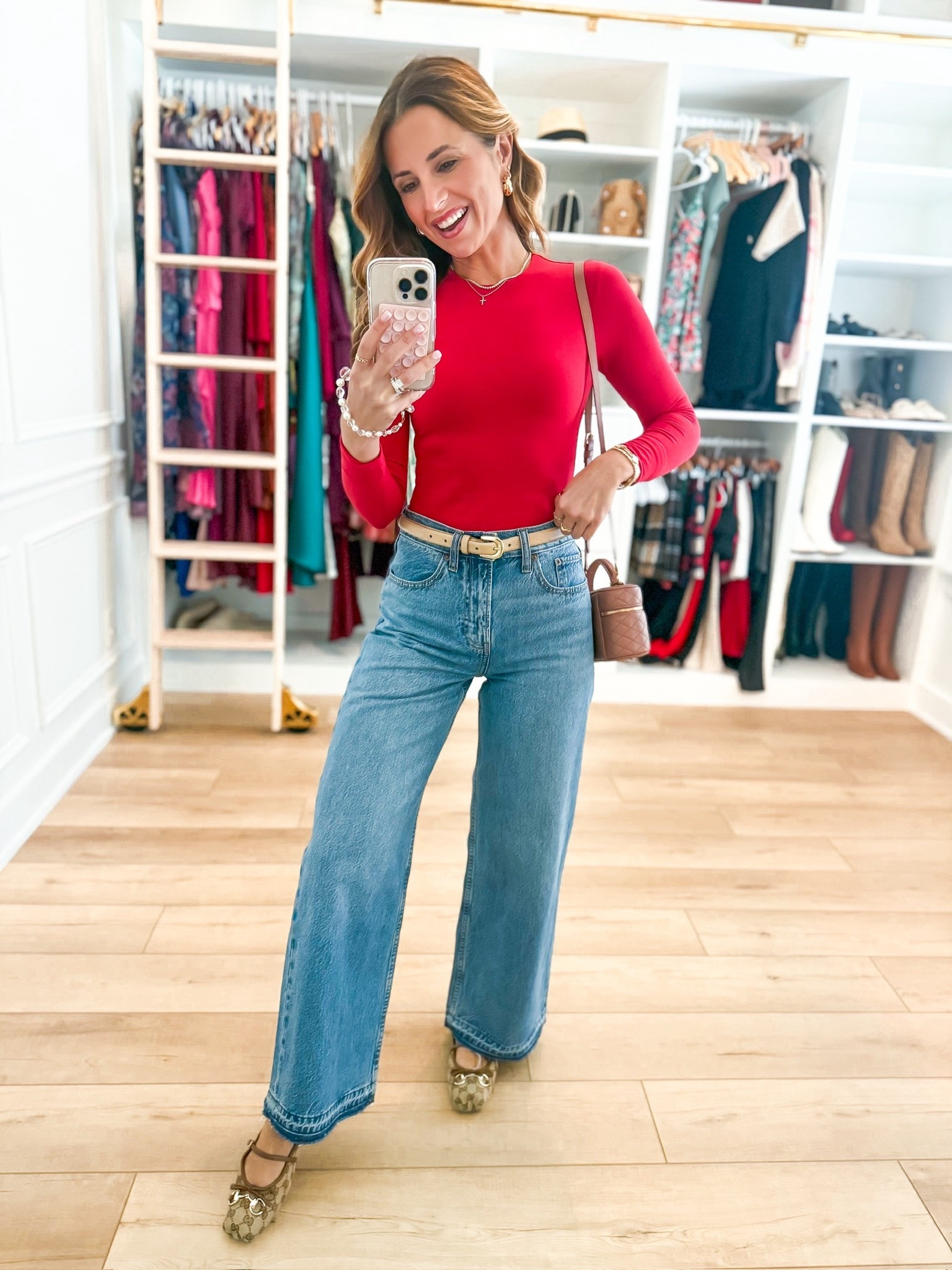 My #ootd! Elevated casual - what I’m wearing to a birthday party. Elevated casual. Mom outfit. New Abercrombie high rise wide leg jeans in 24 short: size down if in-between. Love these!! Doubled lined baby tee long sleeves in XXS. Quince belt in XS. Gucci ballet flats are TTS. YSL vanity bag. 


#LTKValentine #LTKootd #LTKPetite