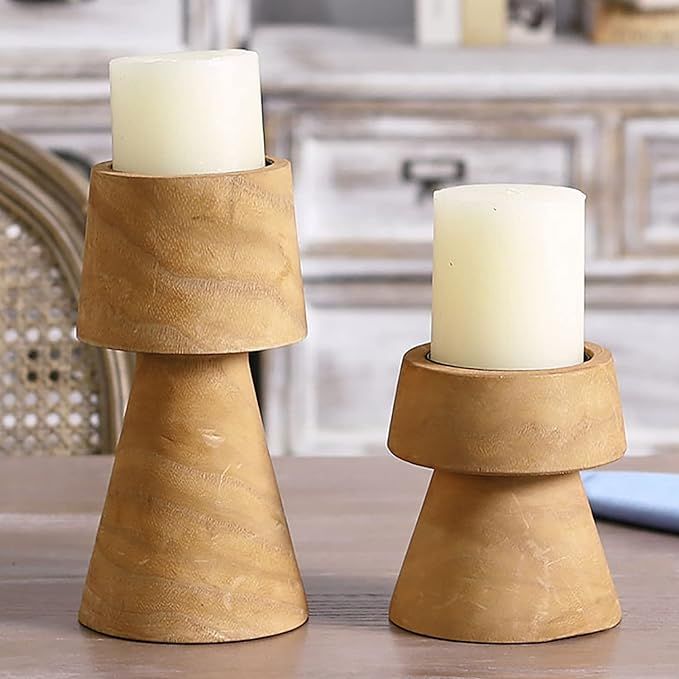 Wooden Candle Holders for Pillar Candles, Farmhouse Pillar Candleholders Set of 2 Wood Candlestic... | Amazon (US)
