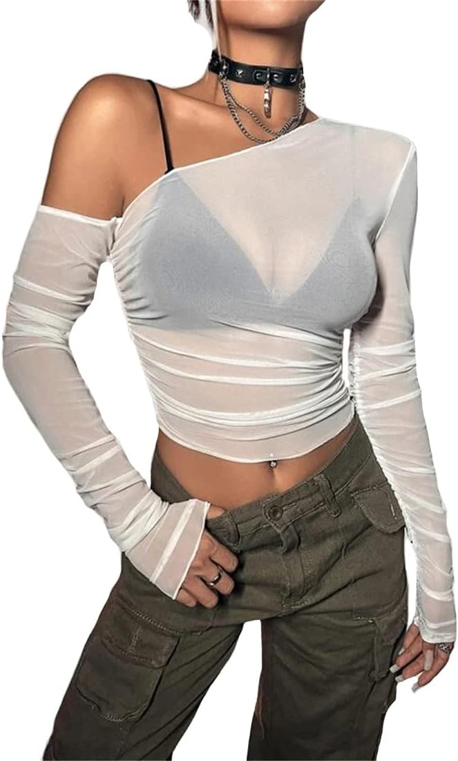 Women Sexy Mesh Sheer See Through Long Sleeve Crop Tops Slim Fit Ruched Off Shoulder Crop Blouse ... | Amazon (US)