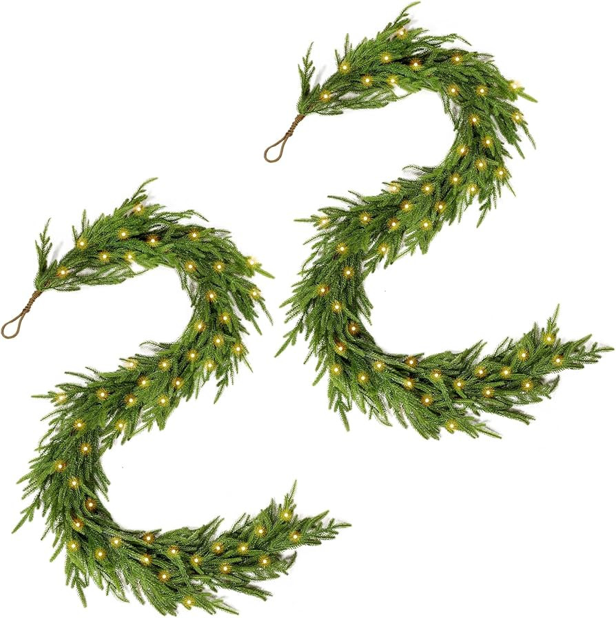 WBHome 2 PCS Pre-lit Real Touch Norfolk Pine Prelit Christmas Garland, Winter Greenery Garland fo... | Amazon (US)