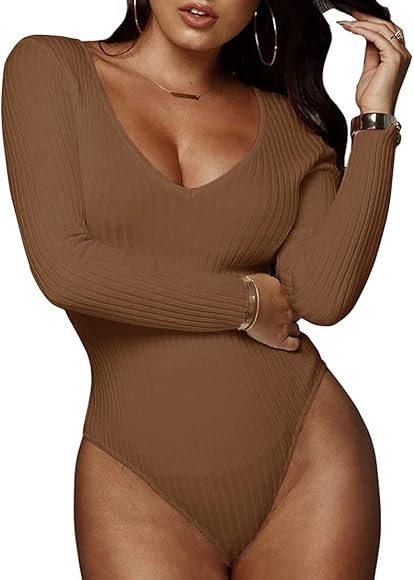 GEMBERA Women's Deep V Neck Long Sleeve Bodysuit Ribbed Knit Bodycon Basic Bodysuit Tops | Amazon (US)