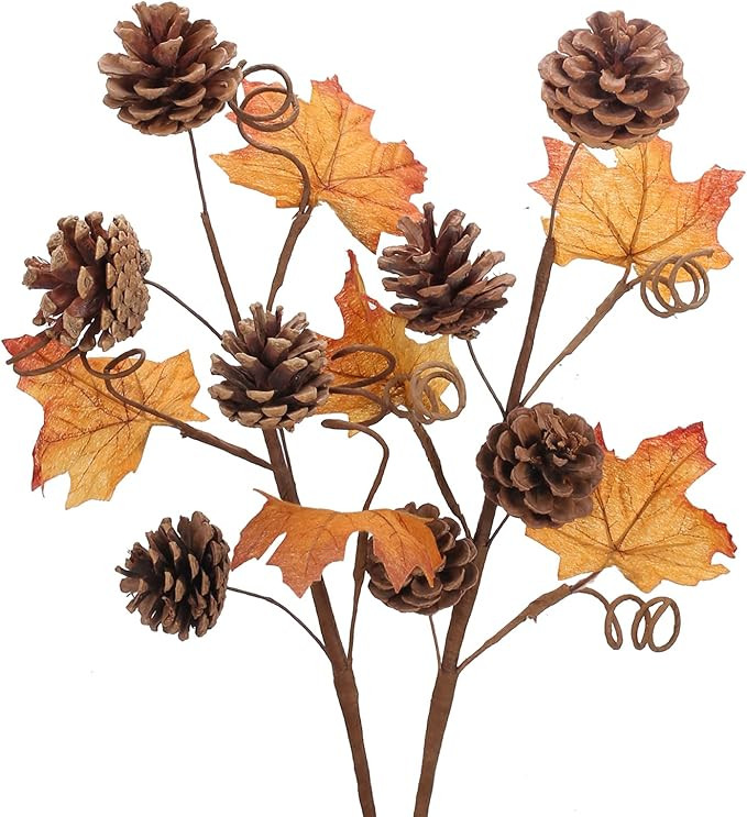 HO2NLE 2PCS Artificial Maple Leaves Stems Pine Cone Picks Fake Silk Maple Leaves Branches Fall St... | Amazon (US)