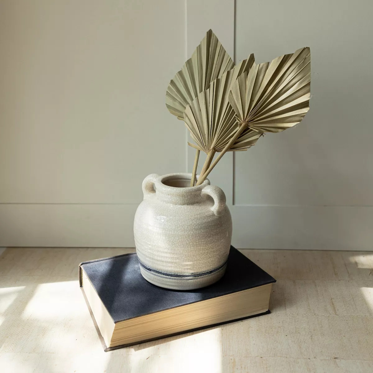 Vintage Crackle Vase with Handles Blue Stripe Stoneware by Foreside Home & Garden | Target