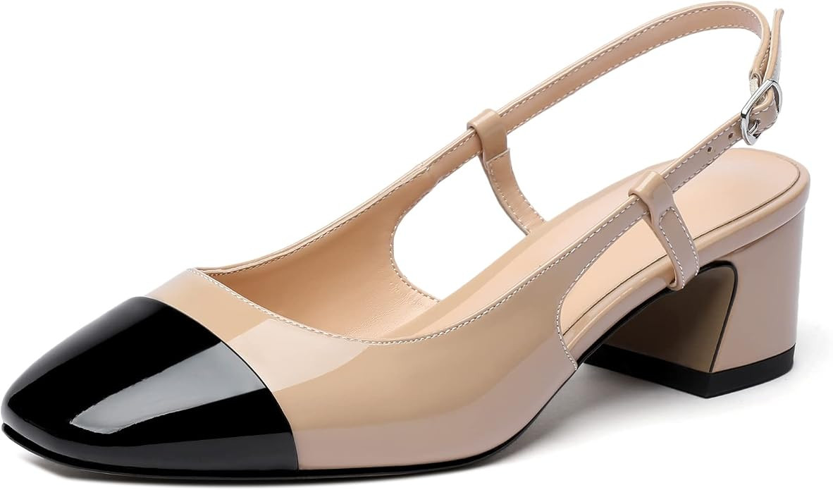 Eldof Women's Block Heel Pumps, Square Toe Slingback Heels with Adjustable Strap, Low Heeled Dres... | Amazon (US)