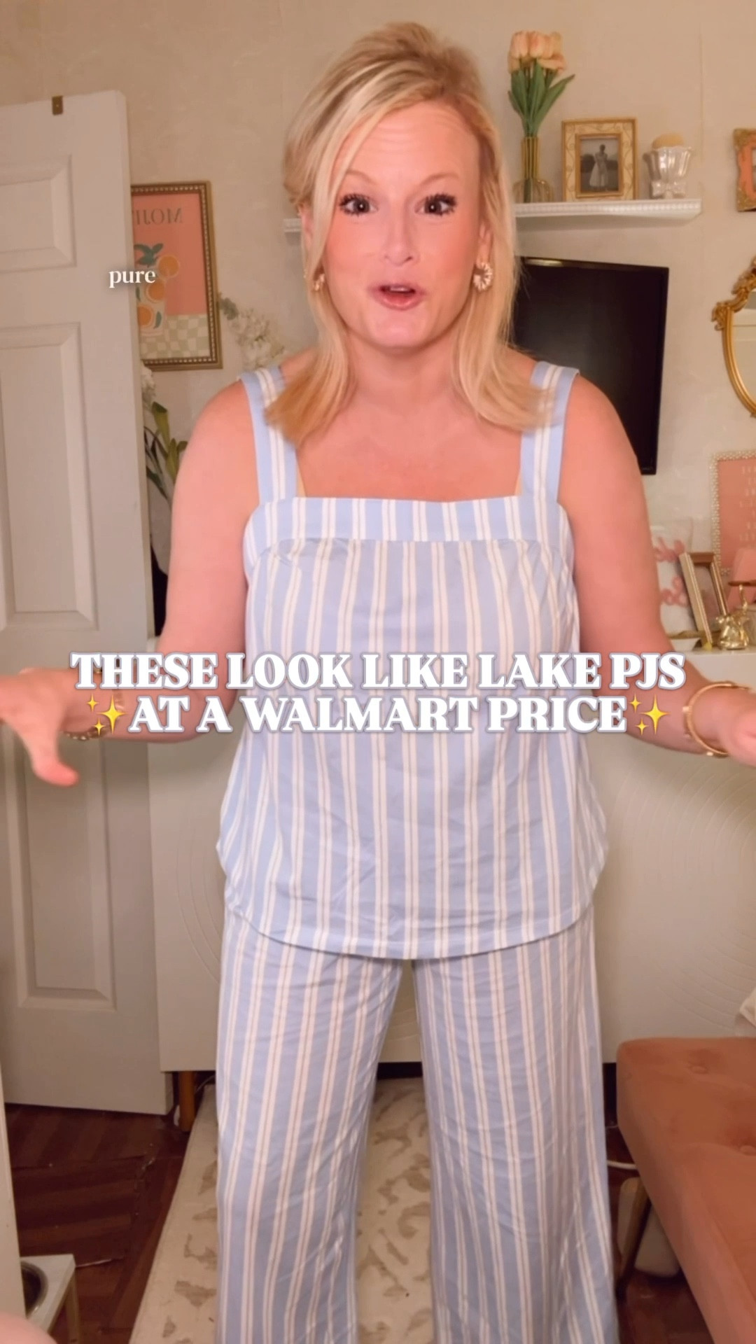 Lake Pajamas Dupe | Walmart Pajamas | Cotton Pajama Set | Look for Less

If you have the Lake Pajamas Daydream set in the blue stripe sitting in your cart at $128… this is the $25 answer. ✨

I’m in a medium. True to size with a relaxed fit.

100% cotton. Wide strap tank. Square neckline. Relaxed straight leg pants. That same polished, coastal, lake house silhouette — at a Walmart price.

This Joyspun set gives the full Lake Pajamas aesthetic without the triple-digit price tag.

Breathable cotton that feels light for spring and summer. Structured enough to look put together. Soft enough to actually sleep in.

It gives:
• Lake house pajamas
• Coastal sleepwear
• Girls trip matching pajamas
• Summer vacation pajamas
• Bridal shower lounge set
• Beach house hosting energy

The silhouette mirrors the Daydream set exactly:
– Wide straps
– Square neckline
– Elasticized back
– Pull-on waistband
– Relaxed straight leg

Four prints available. All of them coastal coded.￼

This is the one that makes sense. Same vibe. Breathable cotton. Not $128.

At $25, grab her before lake weekends and beach trips start filling the calendar. 🌊￼

lake pajamas dupe, Lake Pajamas Daydream set look for less, Walmart Lake pajamas, 100% cotton pajamas women, cotton pajama set women, spring pajamas 2026, summer sleepwear women, lake house pajamas, coastal sleepwear women, girls trip pajamas, matching vacation pajamas, affordable cotton loungewear, coastal grandma sleepwear, Joyspun pajamas, Walmart fashion finds, vacation outfits beach
#LTKFindsUnder100 #LakePajamas #CottonPajamas ￼#LookForLess #WalmartFinds 
#LTKFindsUnder50 #LTKSeasonal #LTKTravel

#LTKSeasonal #LTKHome #LTKSaleAlert
