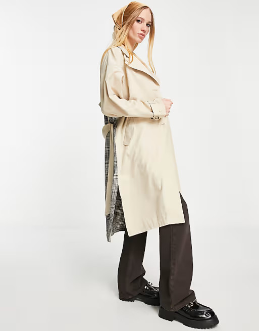 Only spliced check longline trench coat in sand | ASOS (Global)