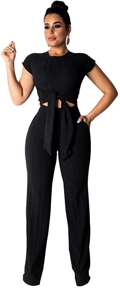 Womens Casual Two Piece Outfits - Sexy Tie Front Crop Top with Long Pants Tracksuit Set | Amazon (US)