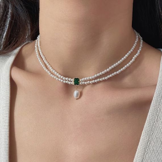 Emerald Pearl Gold Necklace Double Layer Choker Emerald - Etsy | Etsy (US)