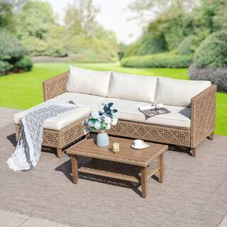 Brown 3-Piece Wood Outdoor Wicker Patio Conversation Sectional Seating Set with Beige Cushions | The Home Depot
