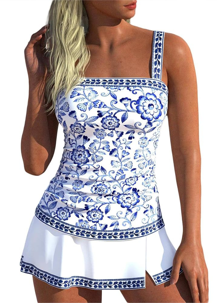 ROSEWE Womens Tummy Control Tankini Bathing Suits, Two Piece Ruched Swimsuits, Floral Print Swimd... | Amazon (US)