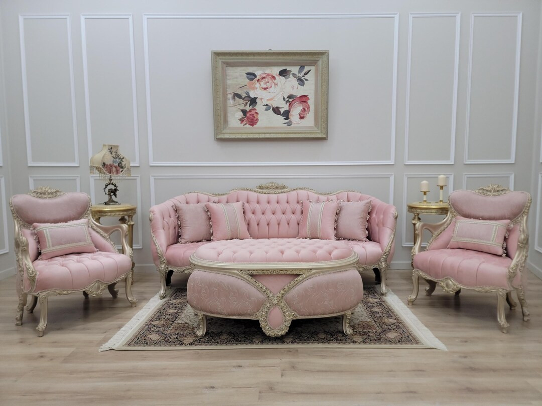 French Style Living Room Set/ Aged Gold Leaf Accent/ Hand Carved Wood Frame/ Tufted Light Pink Ve... | Etsy (US)