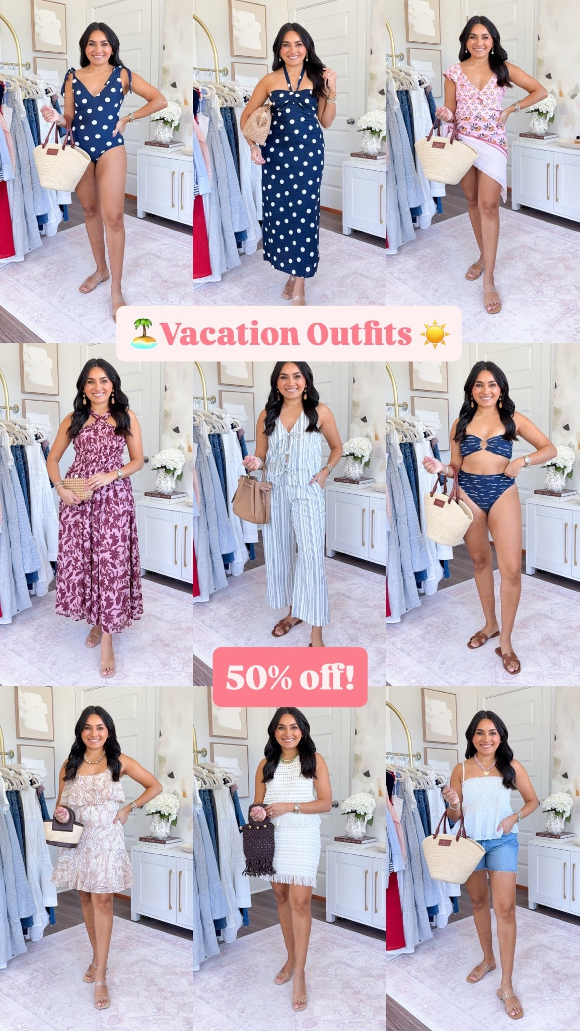 Vacation Summer Beach Outfits - On Sale!
For reference: I’m 5’0, petite, 32b bra size, and 2/26 in bottoms, pear shaped. 
*Everything I share is unaltered! TTS means true to size. Between size 5-6.5 in shoes

Navy polka dot swimsuit size xs TTS
Clear sandals size 5.5 TTS

Navy polka dot dress size xs petite TTS
Clear heels size 5 TTS

Pink maxi halter dress size xs petite TTS
Clear heels size 5 TTS

Striped linen top size xs petite TTS
Striped linen pants size xs petite TTS
Brown sandals are Hermes, similar linked

White Crochet fringe top size xs petite TTS
White Crochet fringe skirt size xs petite TTS
Clear heels size 5 TTS

Navy bikini top size xs TTS
Navy bikini bottoms size xs TTS
Brown sandals are Hermes, similar linked

Pink printed swimsuit size xs TTS
Pink printed sarong one size 
Clear sandals size 5.5 TTS

White cami tank size xs petite TTS
Denim shorts size 25 - I sized down one size
Clear sandals size 5.5 TTS

Summer outfits
Summer dresses
Date night outfits
Memorial Day outfits 
Vacation outfits beach

#LTKPetite #LTKTravel #LTKSaleAlert #LTKPetite #LTKSaleAlert #LTKTravel