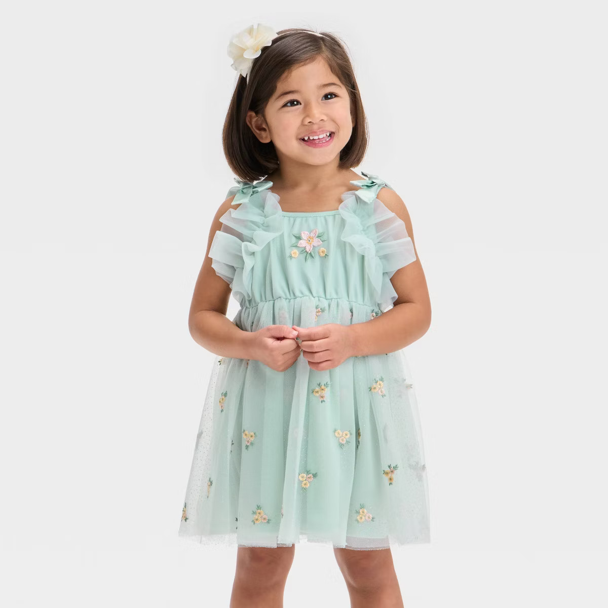 Audrey Camille Toddler Girls' Glitter Embroidered Floral Tank Tulle Dress - Mint Green | Target