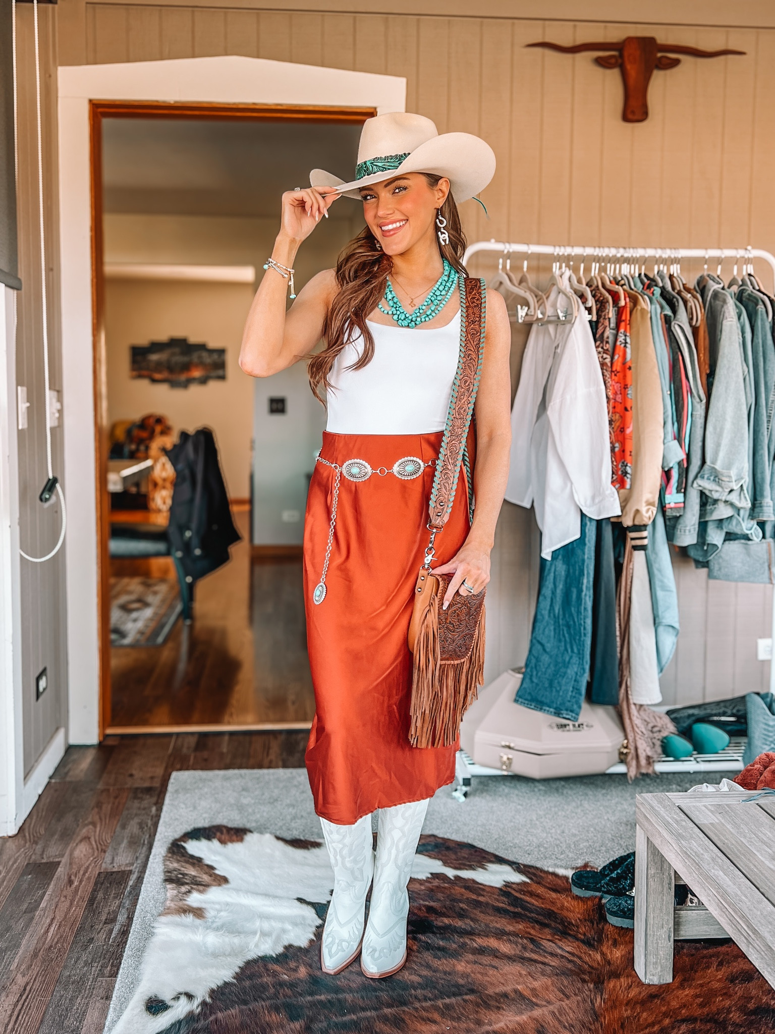 Silk Skirt Western Outfit 🫶🏻🧡

Skirt: xs // Bodysuit: xs // Boots: xs

Message me on insta for link to exact purse strap and hat! 

#weddingguest #westernfashion #silkskirt #cowboyboots #cowgirlboots

#LTKstyletip #LTKfindsunder50 #LTKsalealert