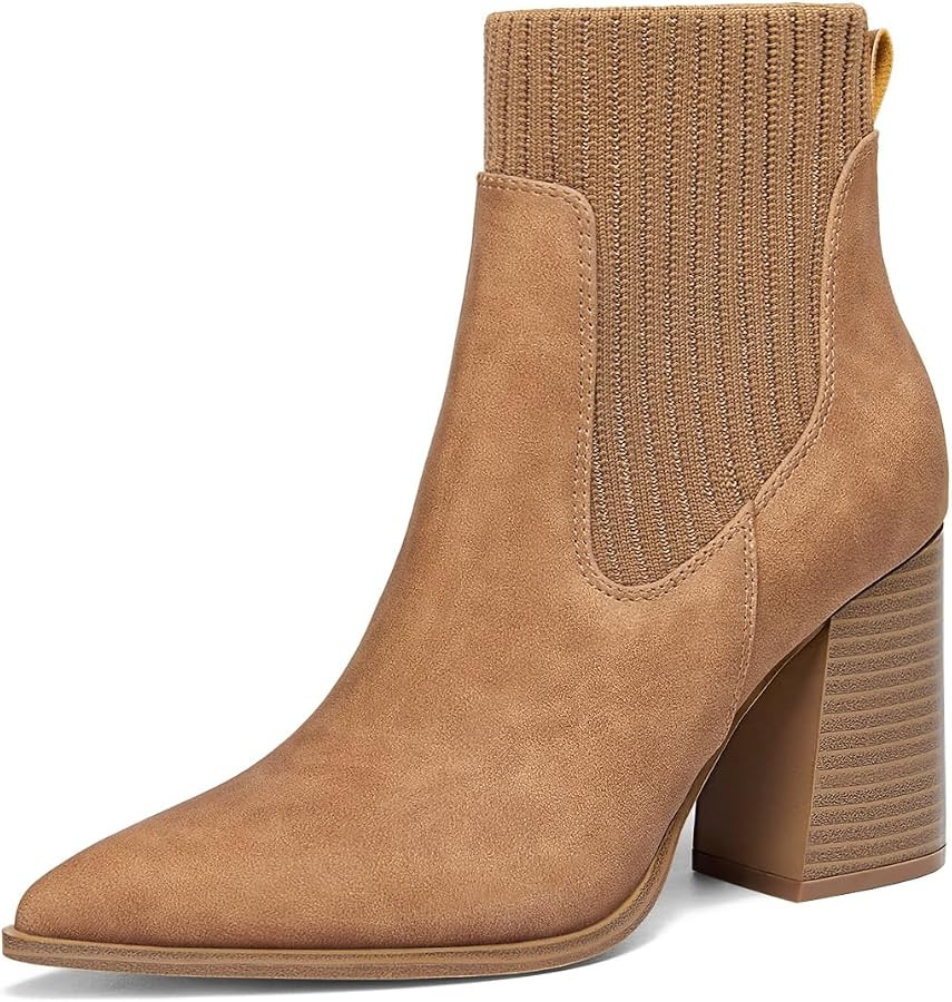 Coutgo Women Ankle Boots Sock Booties Pointed Toe Chunky Stacked High Heel Knit Chelsea Winter Dr... | Amazon (US)
