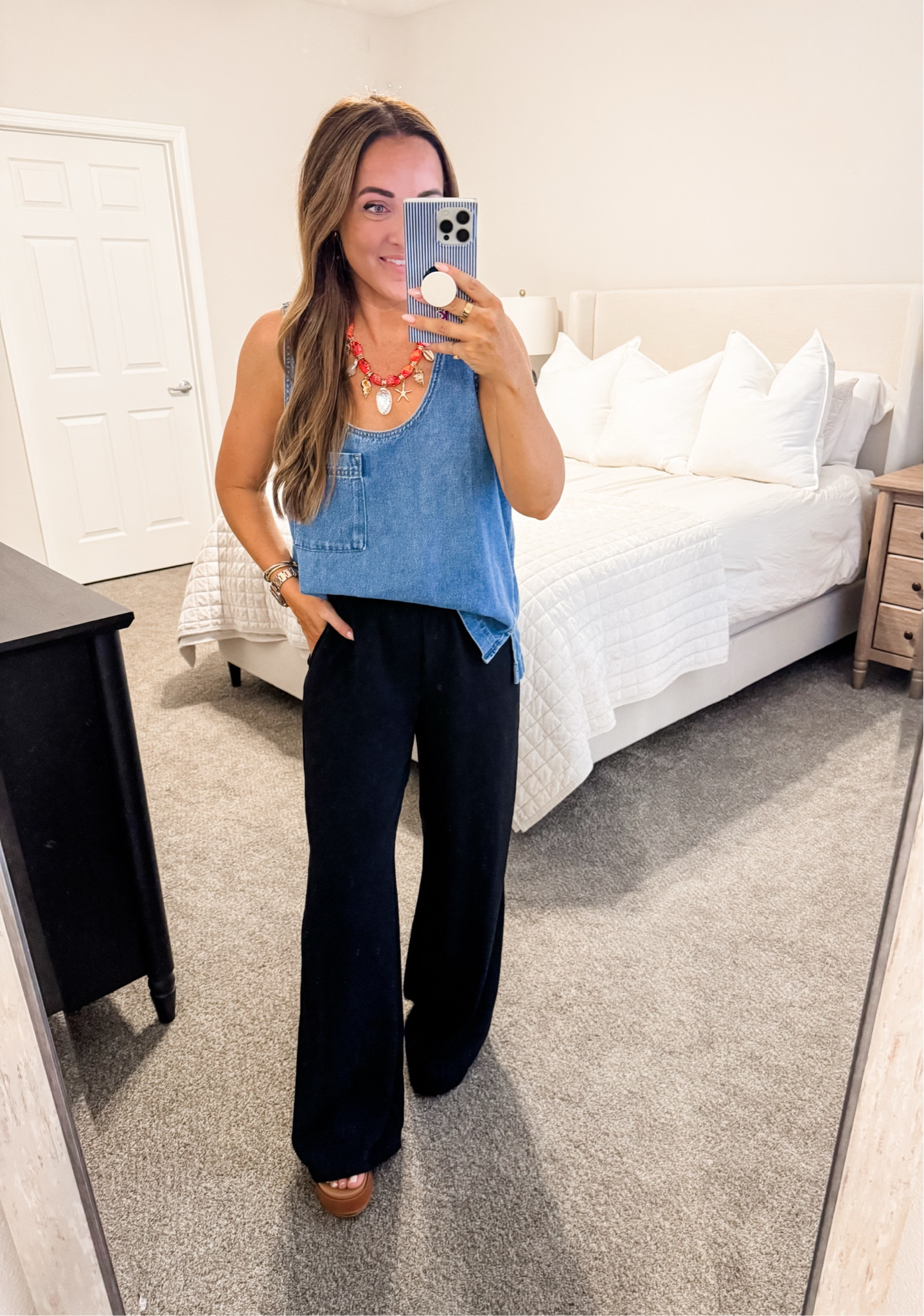Top - M (should have sized down), Pants - M 
5’2” 140 lbs 
—
Target top | Denim top | Flowy pants | Summer style | Statement necklace | Scarf necklace | Amazon accessories | Summer accessories | Casual style | Casual office wear 

#LTKSeasonal #LTKxMadewell #LTKWorkwear