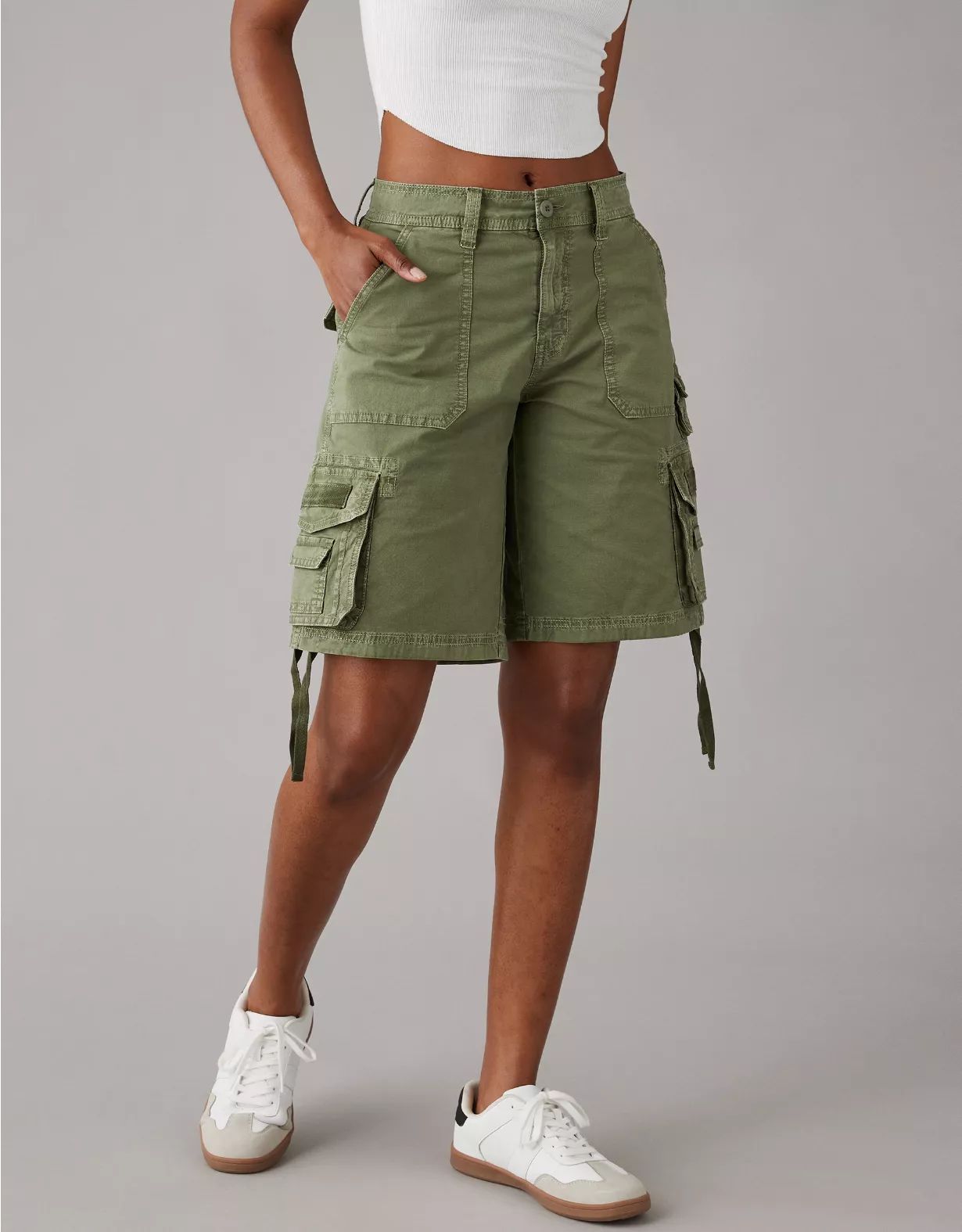 AE Snappy Stretch Low-Rise Baggy Bermuda Cargo Short | American Eagle Outfitters (US & CA)