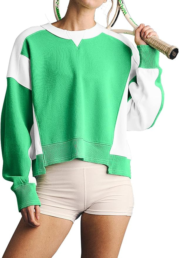 Womens Oversized Cropped Sweatshirts Color Block Crewneck Casual Long Sleeve Pullover Loose Fit S... | Amazon (US)