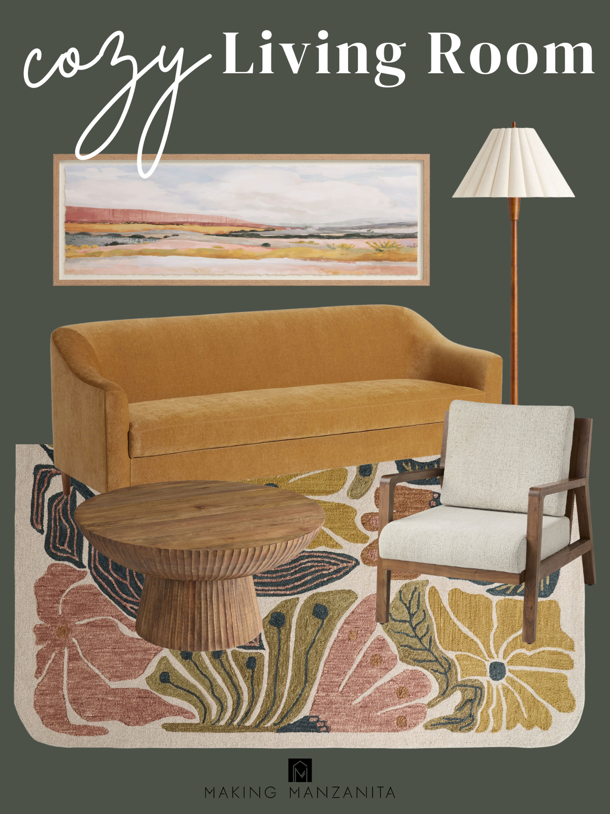 Cozy living room with World Market finds that bring in color and warmth 🌸 A colorful floral rug sets the tone, layered with a wood coffee table, yellow velvet sofa, and a dark wood accent chair for contrast. Finished with oversized art and a wood floor lamp - it’s warm, inviting, and full of personality without feeling overdone. #worldmarket #livingroom 

 #LTKHome