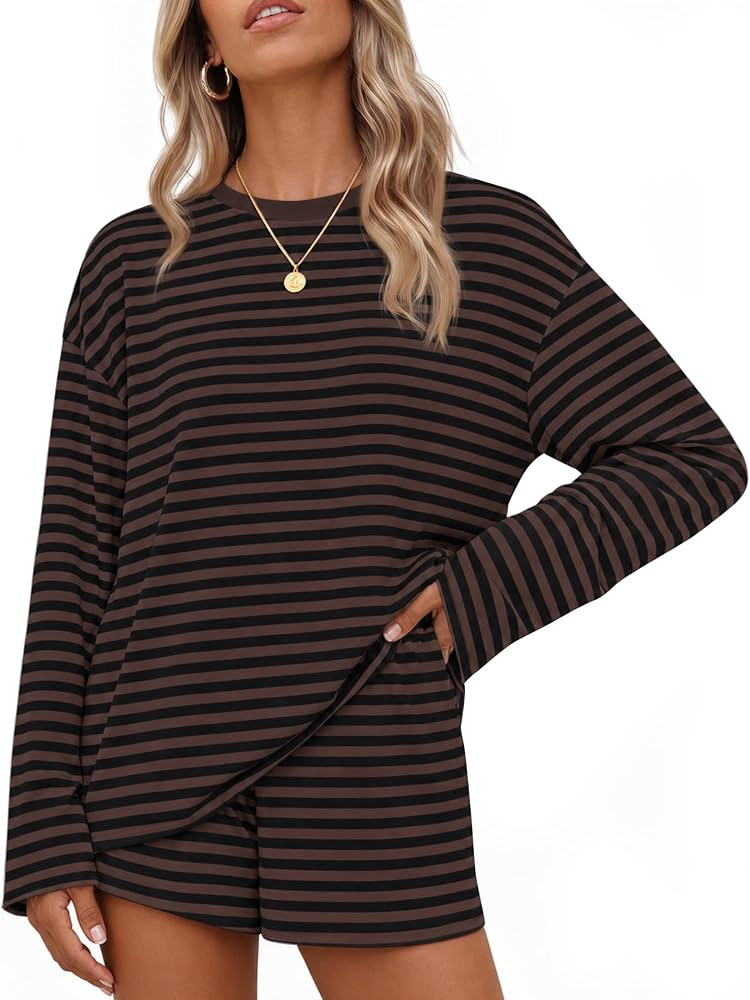 ZESICA Womens 2 Piece Striped Short Sets Fall Lounge Outfit | Amazon (US)