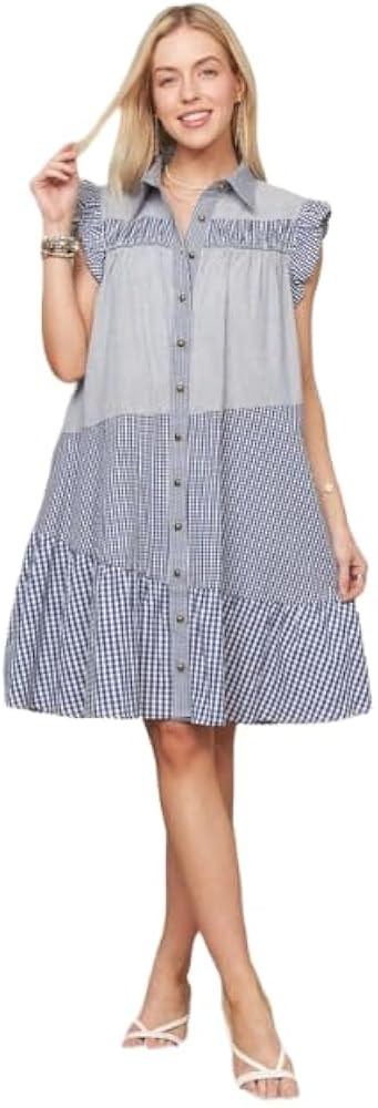 Button Down Textured Babydoll Dress (US, Alpha, Medium, Regular, Regular, Blue) | Amazon (US)