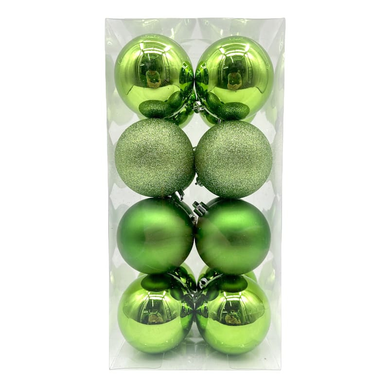 16-Count Bright Green Mix Shatterproof Ornaments, 70mm | At Home
