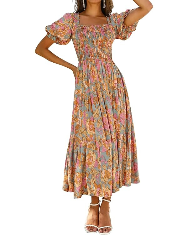 ZESICA Women's 2025 Summer Boho Floral Print Square Neck Ruffle Swing Beach Long Maxi Dress | Amazon (US)