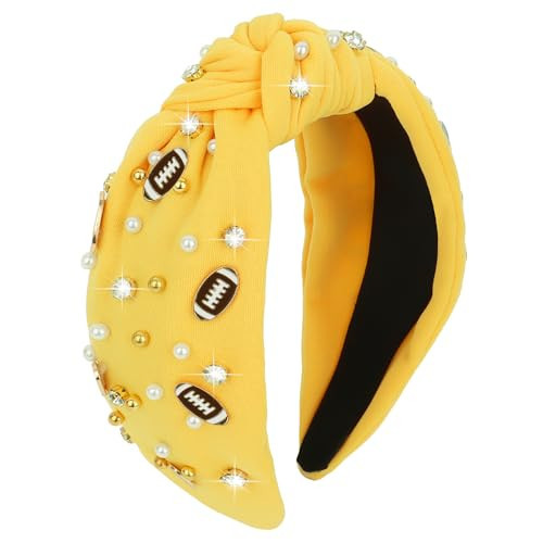 YARIEW Football Headband Pearl Rhinestone Jeweled Knotted Headband Fashion Headband Wide Game Day Sports Hair Accessories Gift for Football Mom Fans Christmas (Yellow) | Amazon (US)