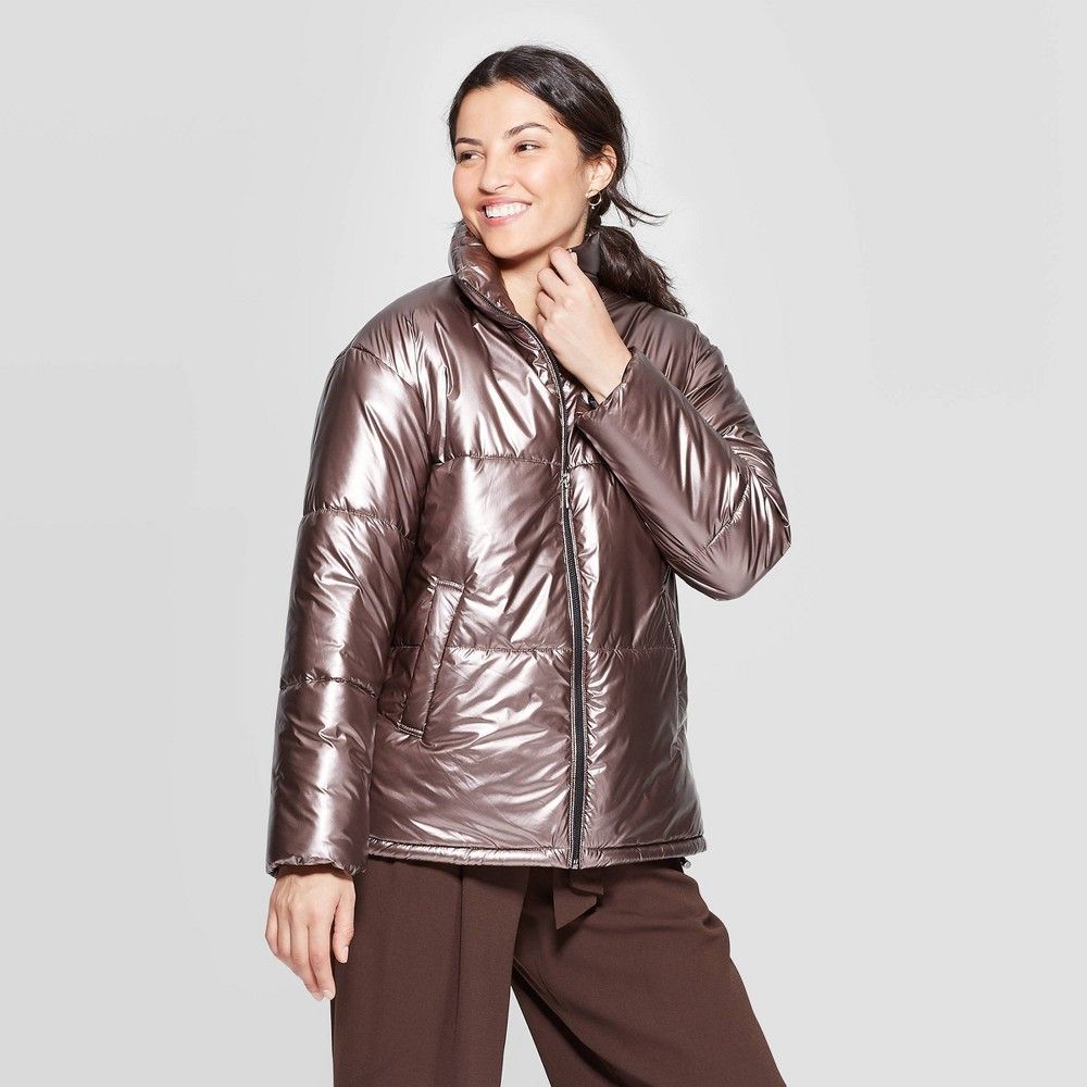Women's Metallic Puffer Jacket - A New Day Rose XXL, Brown | Target