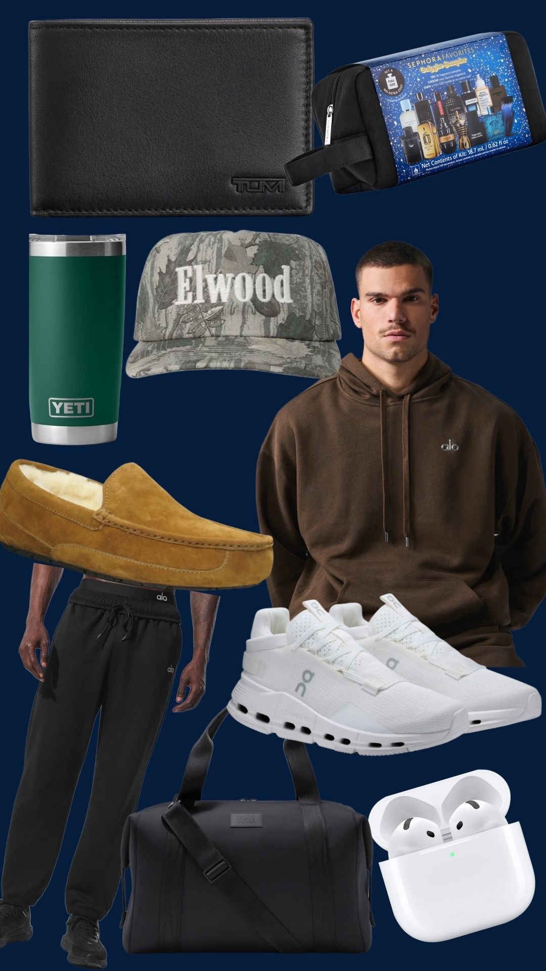 11/19/25 Holiday Gift Guide: For the Man Who Has Everything

Practical, intentional gifts he’ll actually use — curated for the guy who’s impossible to shop for.

Linked:
	•	Sephora Cologne Sampler Set — he gets to try a bunch of scents + redeem the included voucher for a full-size cologne. Such a good value.
	•	TUMI Leather Wallet — timeless, luxe, and genuinely something every guy needs.
	•	YETI Travel Coffee Mug — durable, masculine, and perfect for the coffee lover.
	•	Ellwood Trucker Hat — effortlessly cool + always a win.
	•	Alo Loungewear Set — elevated basics he’ll want to wear nonstop.
	•	UGG Slippers — men love them just as much as we do. Perfect for home or quick errands.
	•	On Cloud Sneakers — whether he runs, trains, or just likes comfy shoes, these are a hit.
	•	Apple AirPods — a classic gift that never fails.
	•	Dagne Dover Duffel Bag — the ideal travel bag for weekend trips, gym days, or flights.

Chris owns and loves so many of these, so they’re very boyfriend-approved. 🙌✨

#LTKCyberWeek #LTKGiftGuide #LTKMens