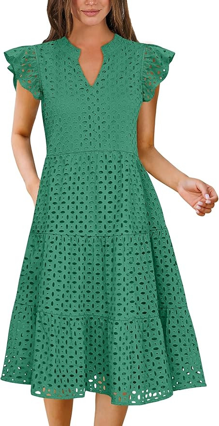ANRABESS Womens 2026 Summer Midi Dress Hollow Out Eyelet Ruffle Sleeve V Neck Casual Flowy Tiered... | Amazon (US)