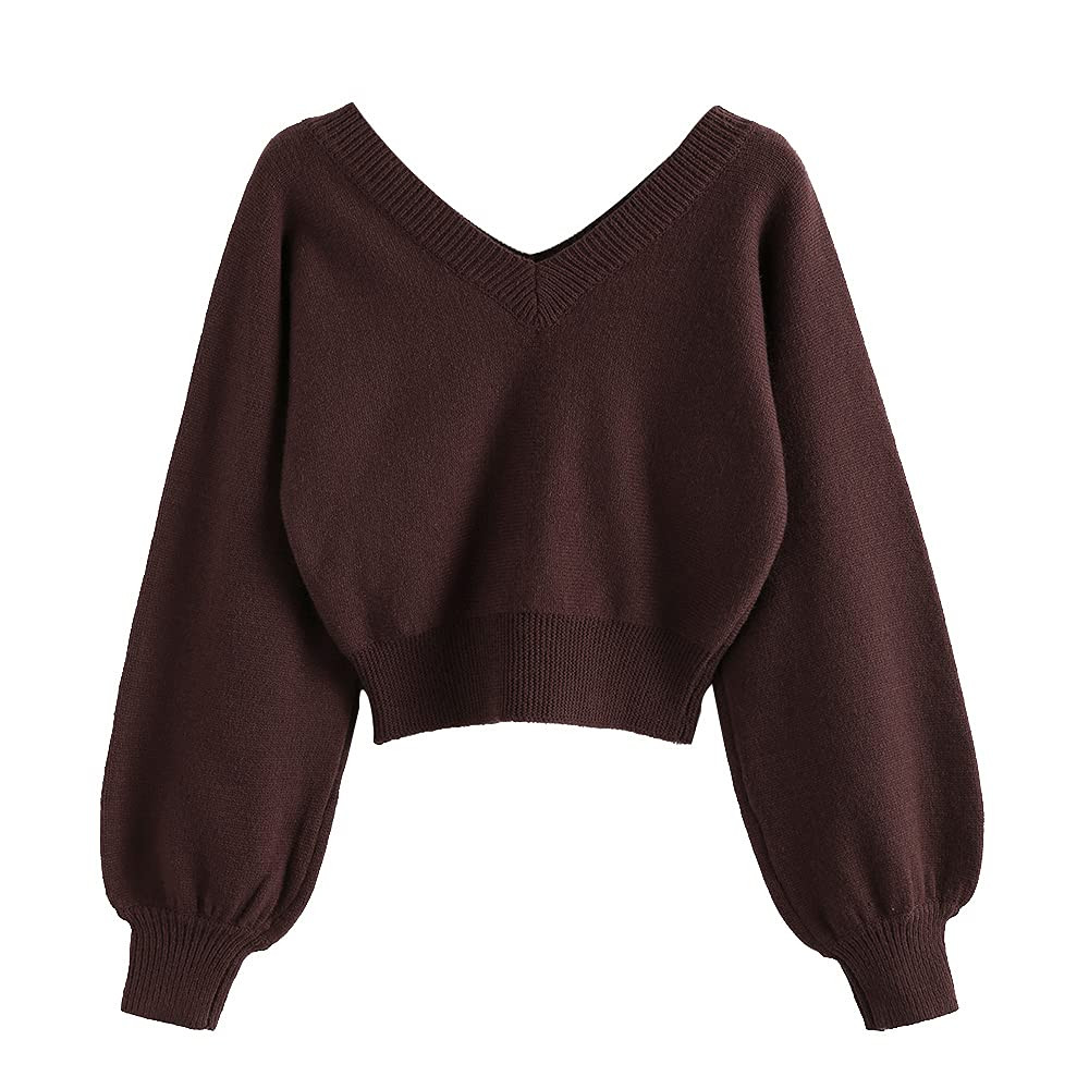 ZAFUL Women's Cropped Sweater V-Neck Long Sleeve Crop Sweater Pullover Jumper Knit Top | Amazon (US)