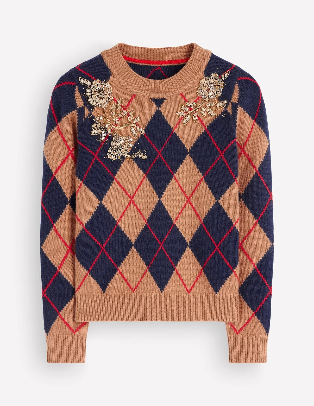 Embellished Jacquard Sweater-Camel Melange Argyle | Boden (US)