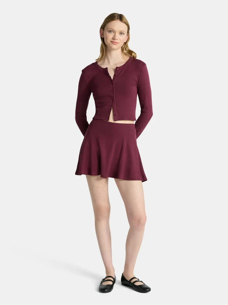 No Boundaries Cotton Button-Front Cardigan and Mid-Rise Mini Skort Set, 2-Piece, Women’s | Walmart (US)