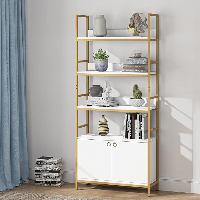 Amazon.com: Tribesigns Gold Bookcase, 4-Tier White Etagere Standard Bookshelf with Storage Cabinet,  | Amazon (US)