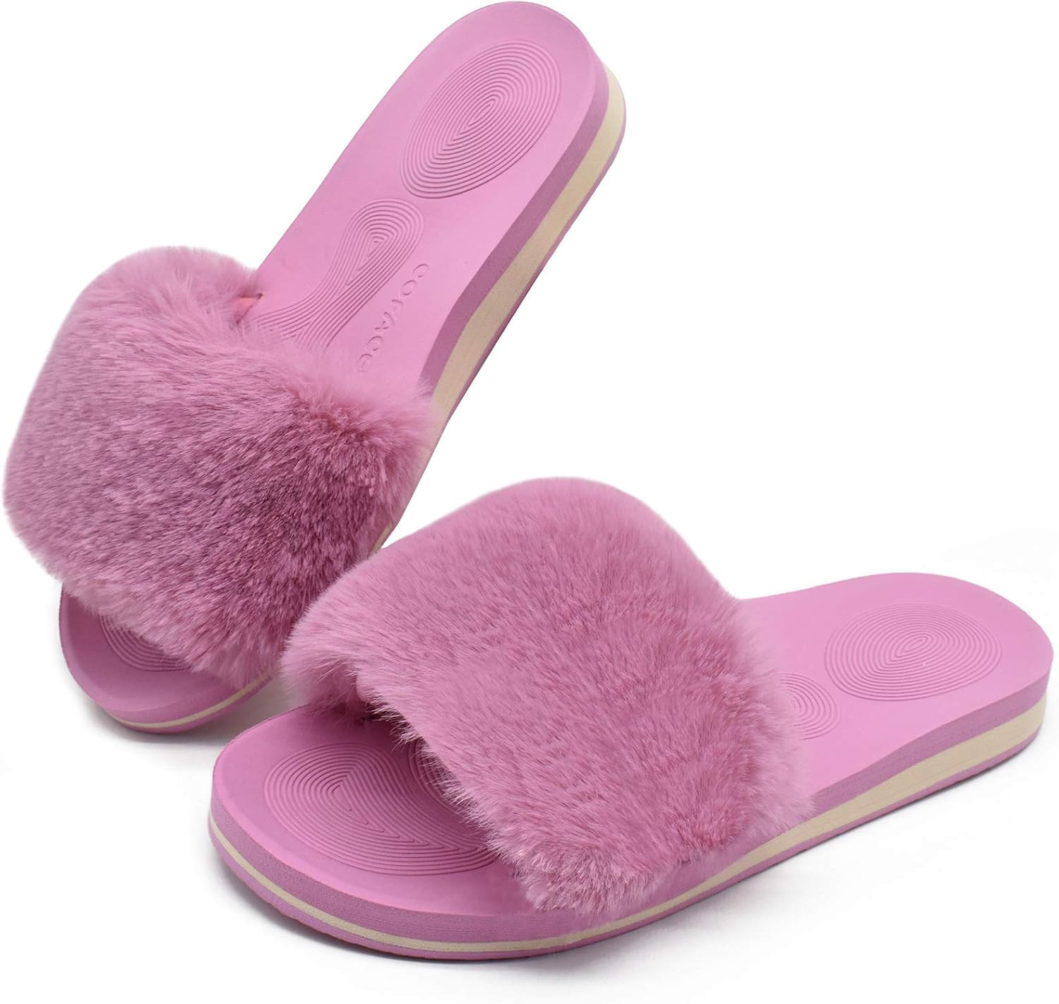COFACE Womens Sliders Plush House Slippers Flat Sandals for Women Memory Foam Fuzzy Open Toe Slip... | Amazon (US)