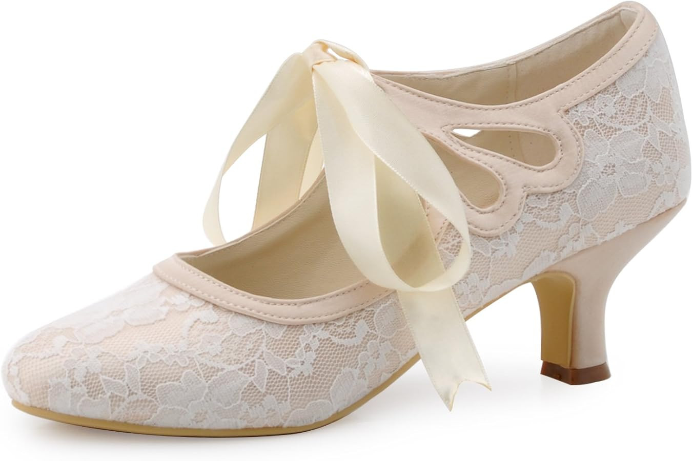ELEGANTPARK Lace Wedding Shoes Closed Toe Bridal Shoes Women Mary Jane Low Heels Pumps Wedding Dr... | Amazon (US)