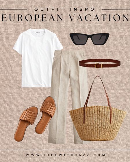 European vacation outfit inspo 🖤

White tee / beige linen pants / straw tote / belt / cognac brown sandals / slides / sunglasses / warm weather / European vacation / beach 

#LTKtravel #LTKstyletip #LTKSeasonal