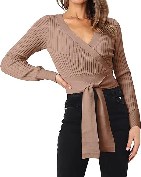 BTFBM Women Wrap Deep V Neck Cropped Sweaters Long Sleeve High Waist Tie Front Slim Fit Ribbed Kn... | Amazon (US)