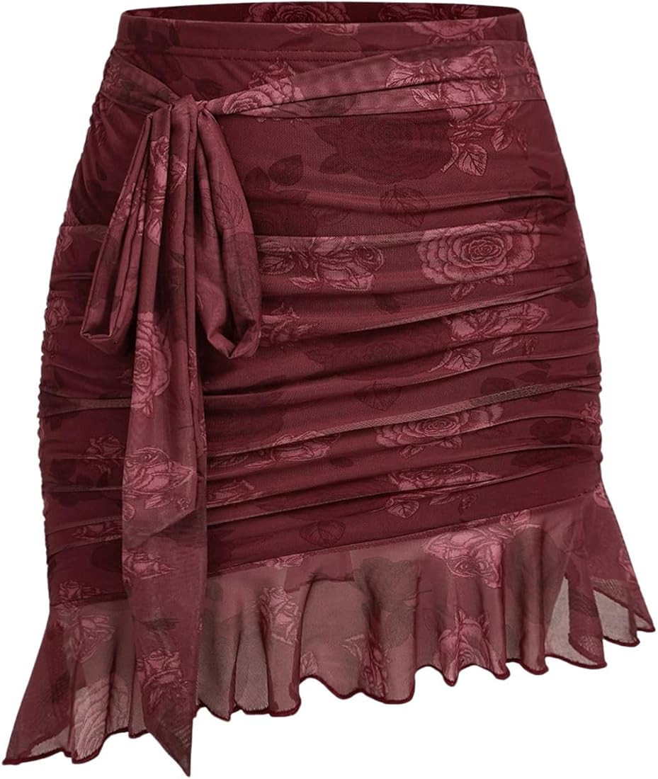 Verdusa Women's Floral Print Ruffle Hem Midi Skirt Asymmetrical Hem Ruched Mesh Bodycon Skirts | Amazon (US)