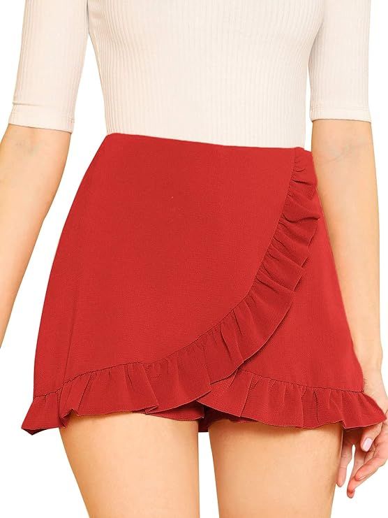 SheIn Women's Mid Waist Ruffle Wrap Skorts Asymmetrical Plain Skirt Shorts | Amazon (US)